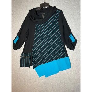 Ali Miles Top Womens Large Blue Black Stripe Asymmetrical Hem Cowl Neck Roll Tab